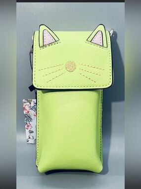 NEW BRENTANO Cat Handbag Neon Green Faux Leather Chain Crossbody
Wallet Phone